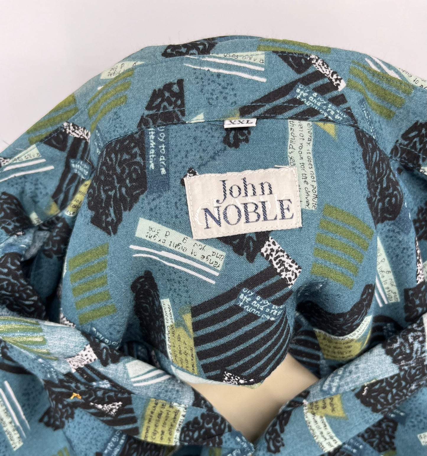 John Noble, sinisävyinen kuvioitu viskoosipaita, 90-luku, koko L-XL