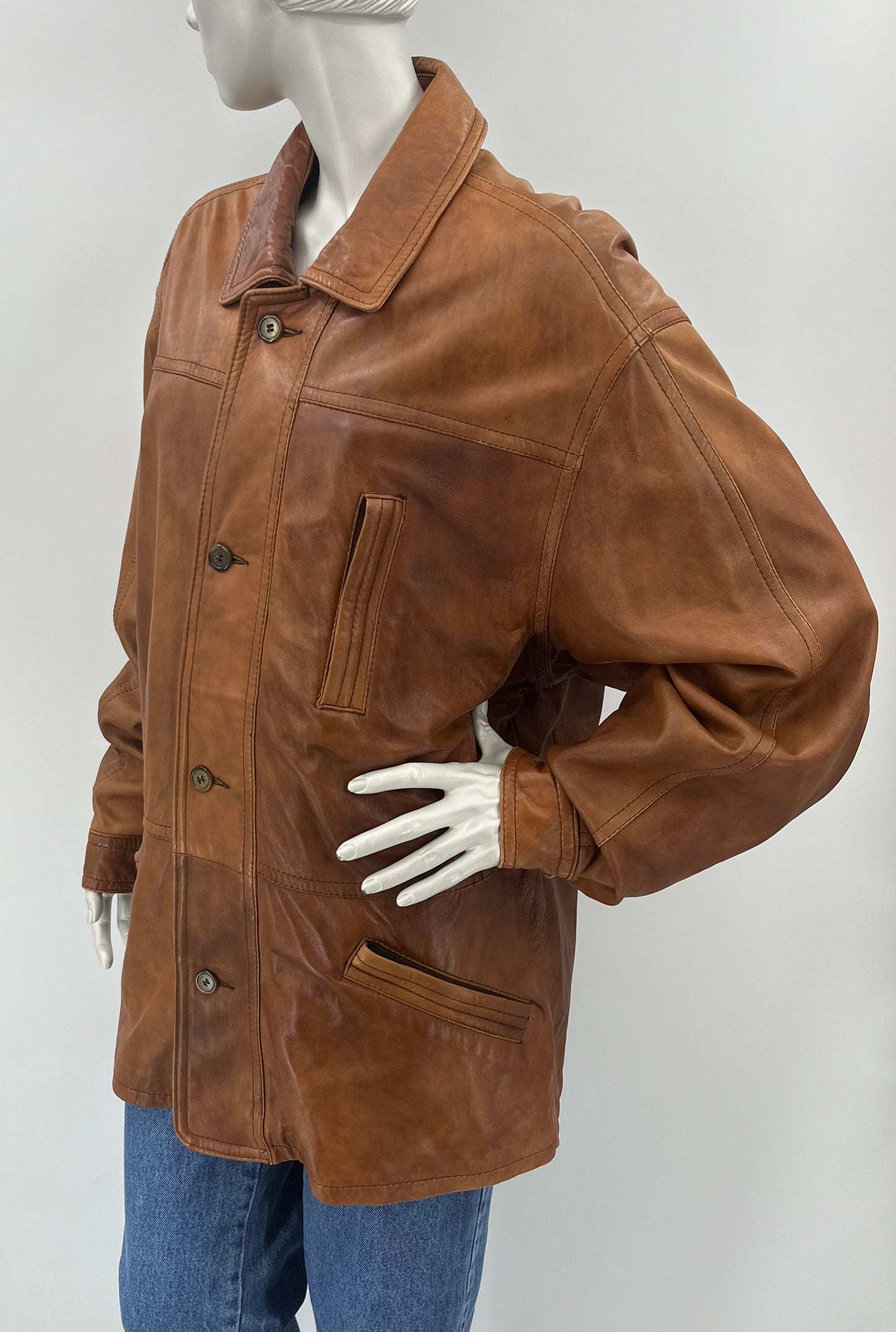 VARATTU Meiker, ruskea nahkatakki, 80-90-luku, koko n.XL