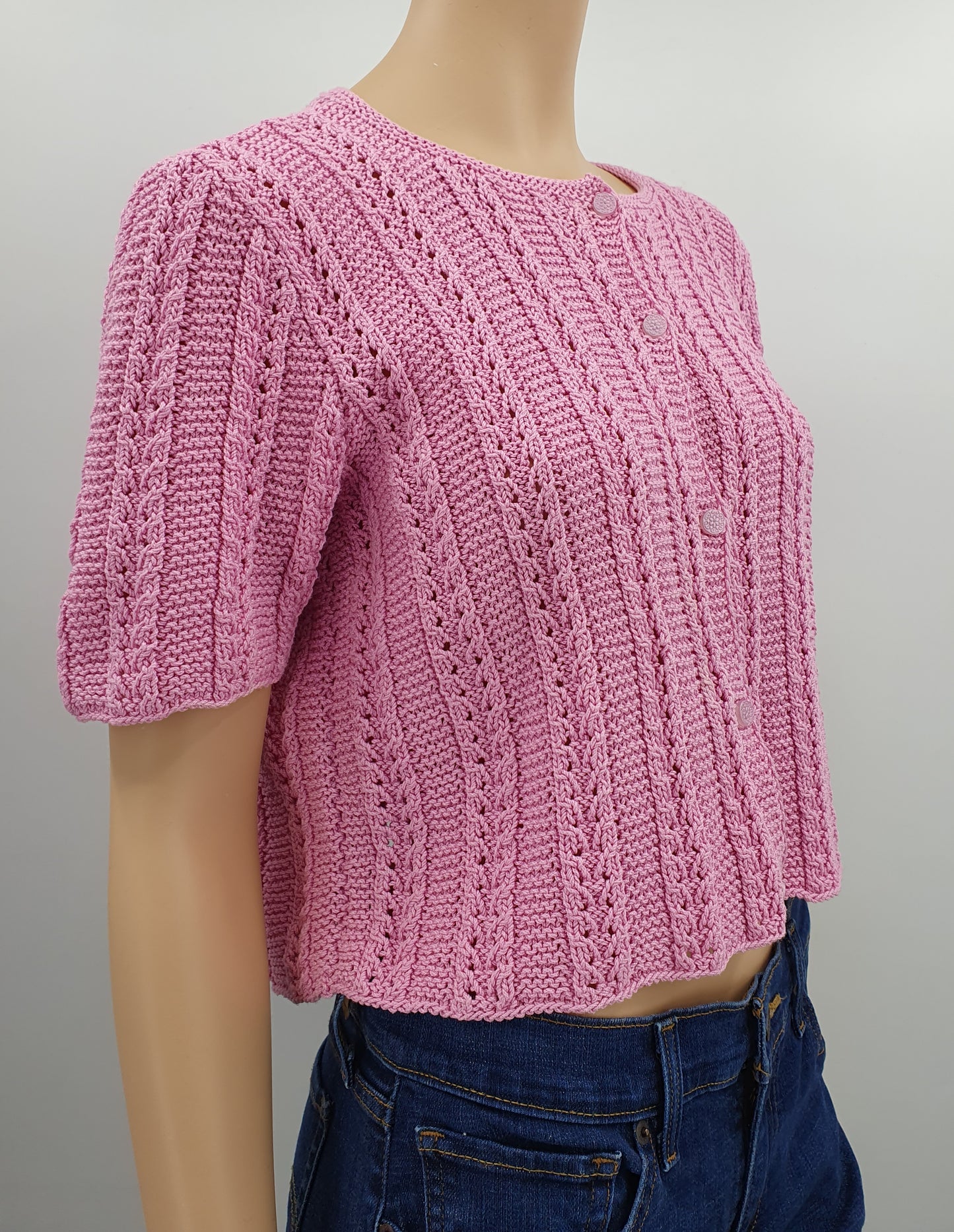 Pink short-sleeved cardigan, handmade, size 38