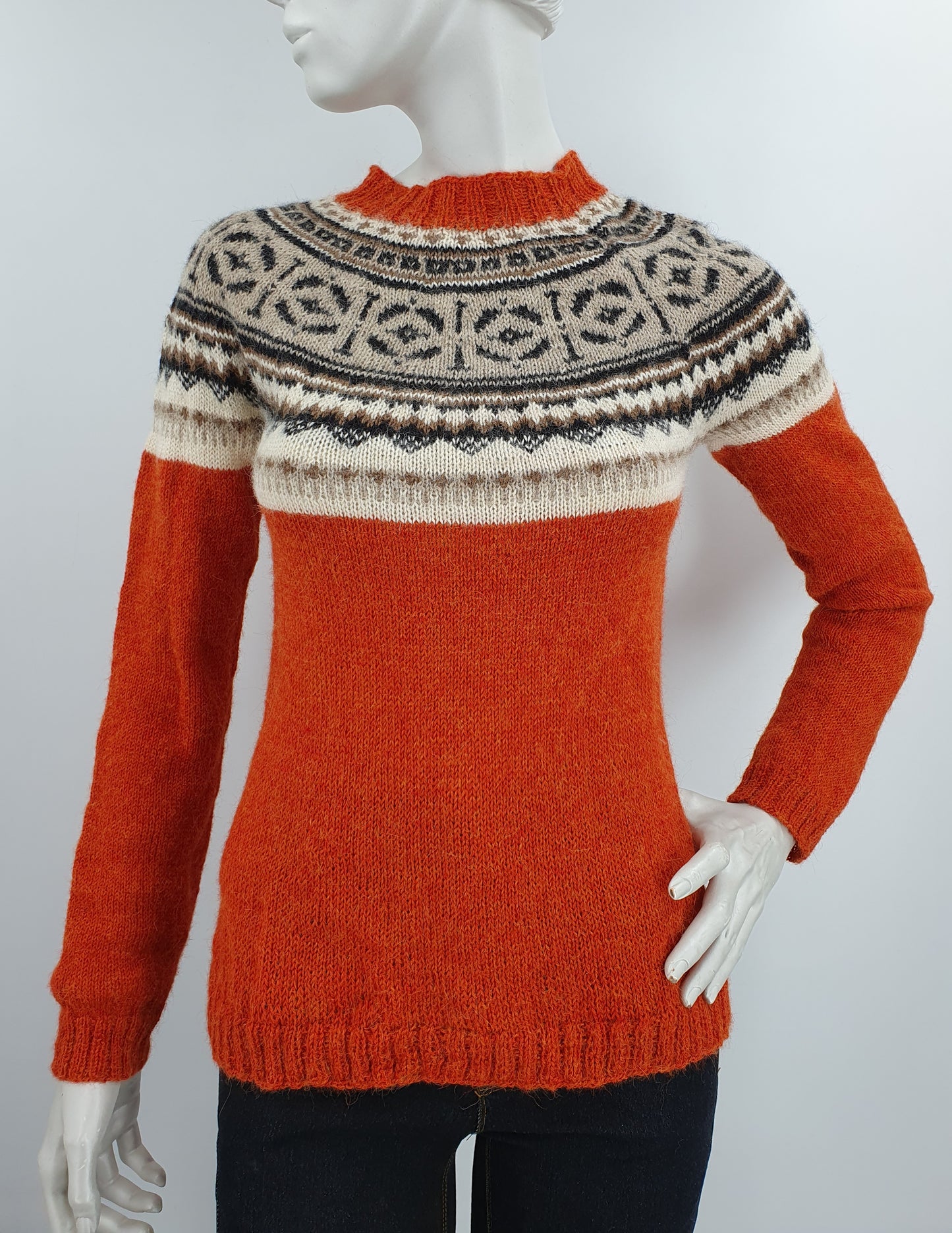 Orange hand-knitted wool sweater, size 34-36