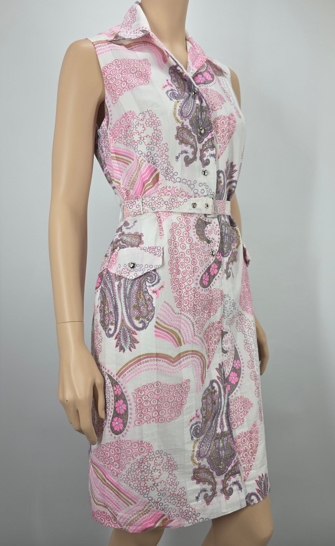 Sleeveless 60s-70s summer dress and belt, size 38