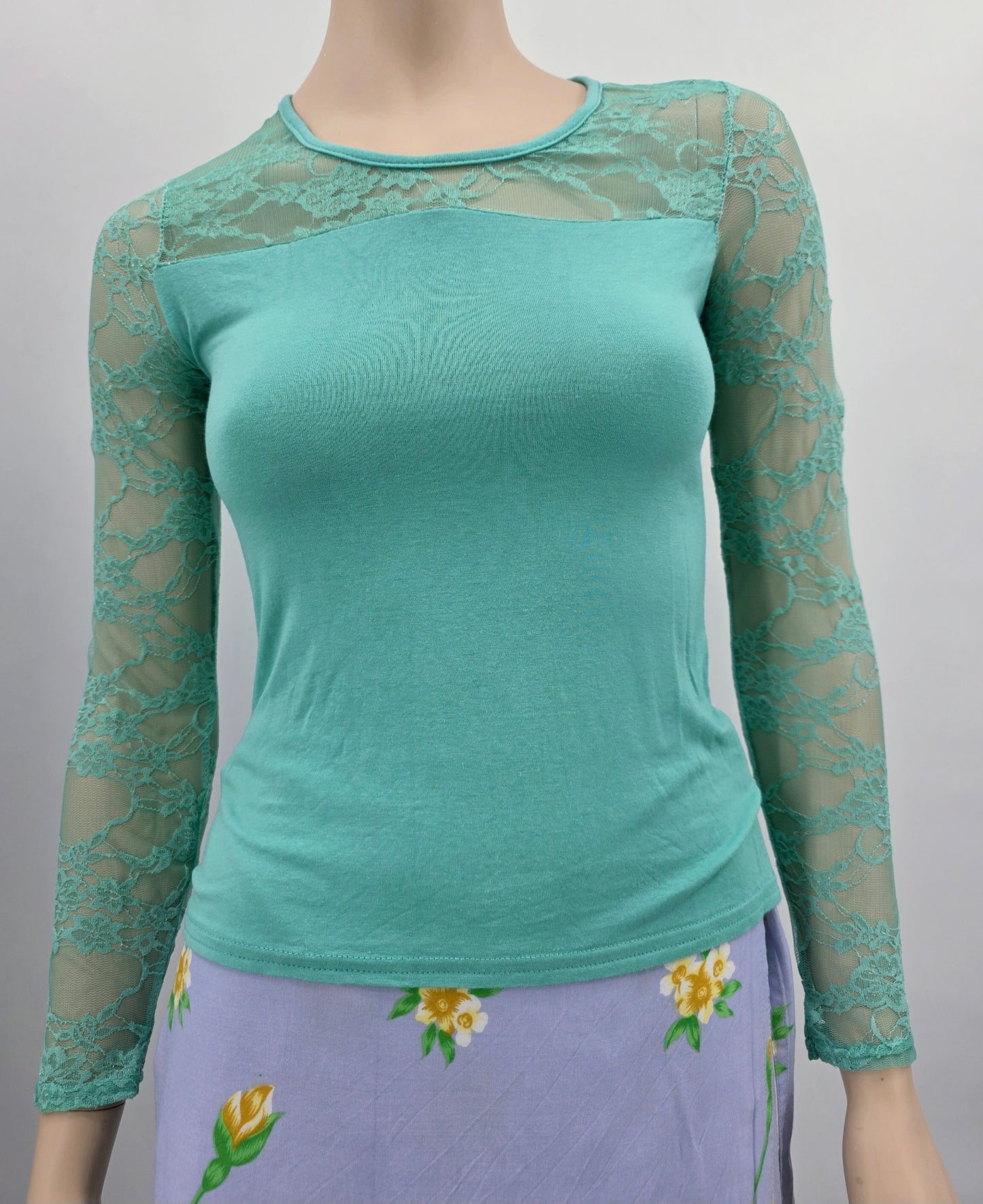 Aqua green Y2K jersey shirt with lace sleeves, size 34-36