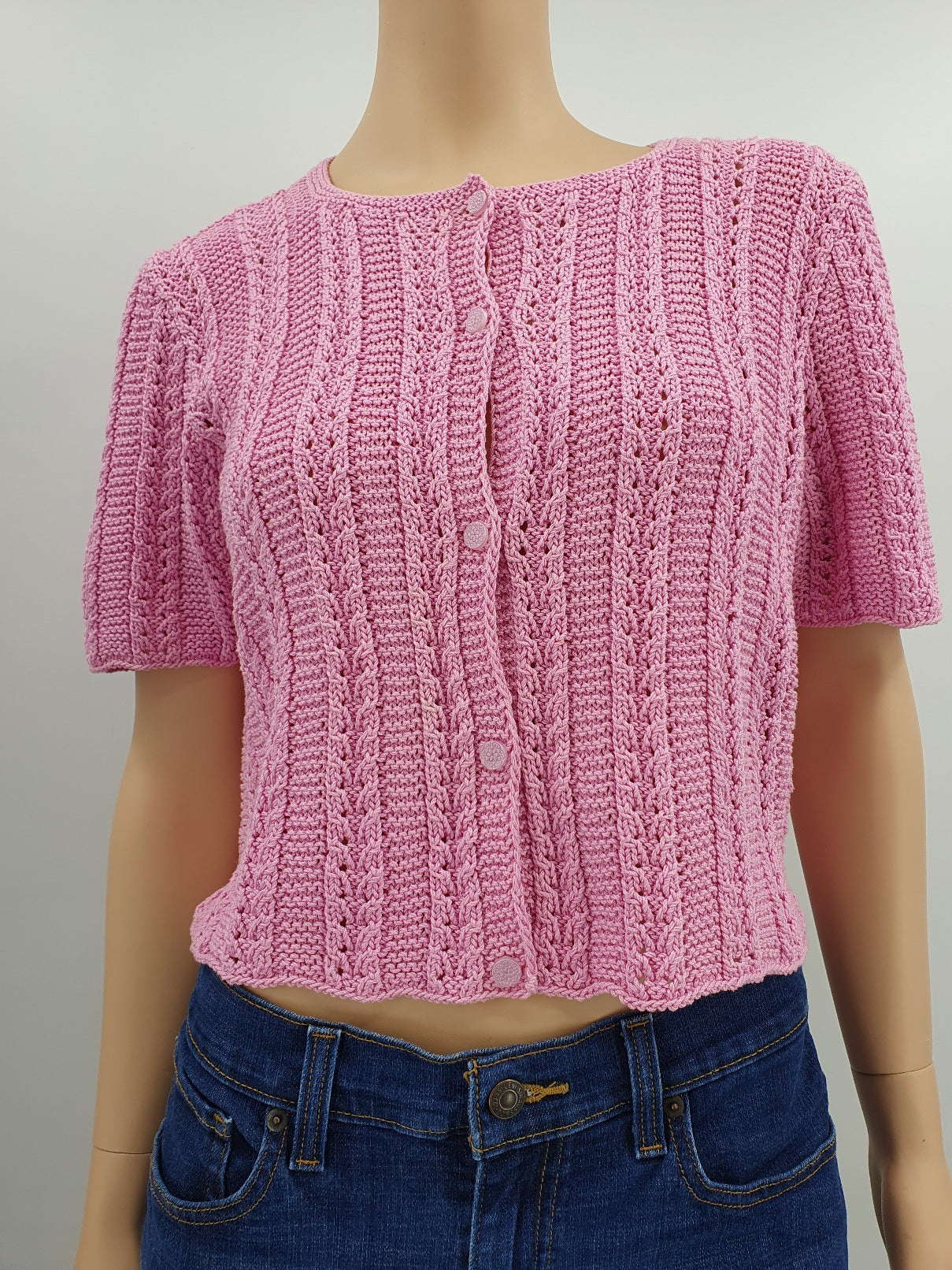 Pink short-sleeved cardigan, handmade, size 38
