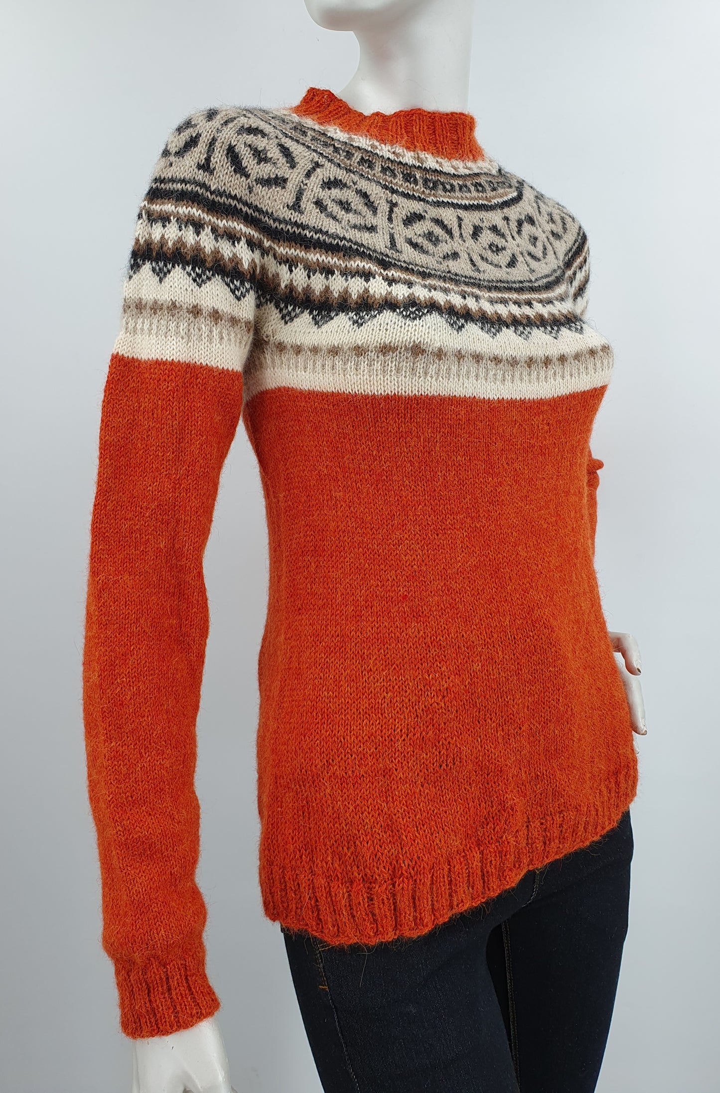 Orange hand-knitted wool sweater, size 34-36