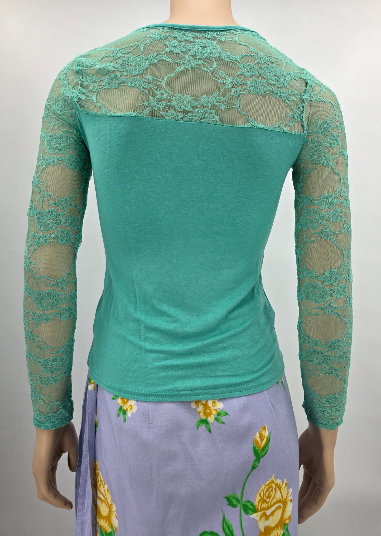 Aqua green Y2K jersey shirt with lace sleeves, size 34-36