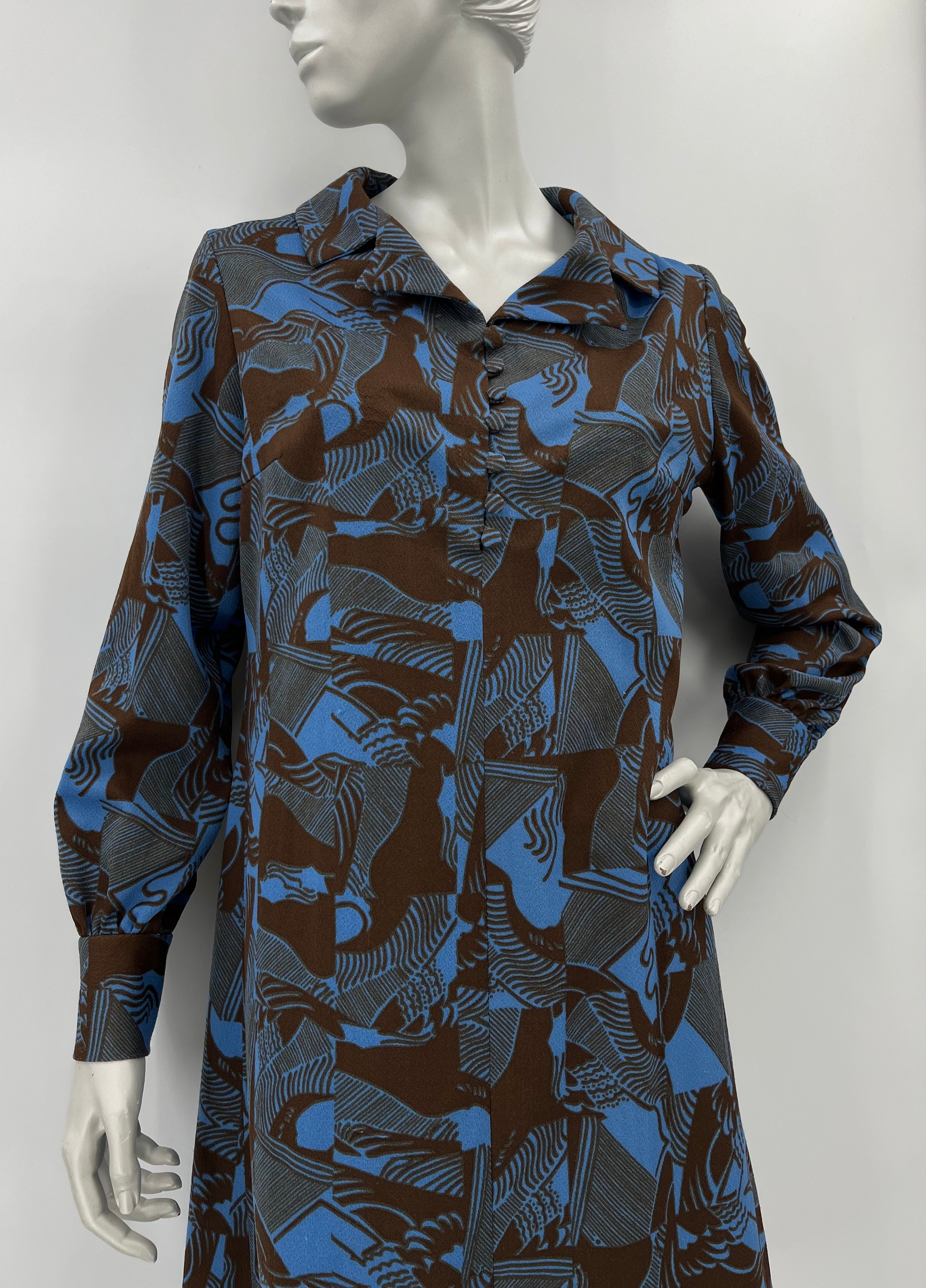 Patterned blue-brown dress from the 70s, size 40
