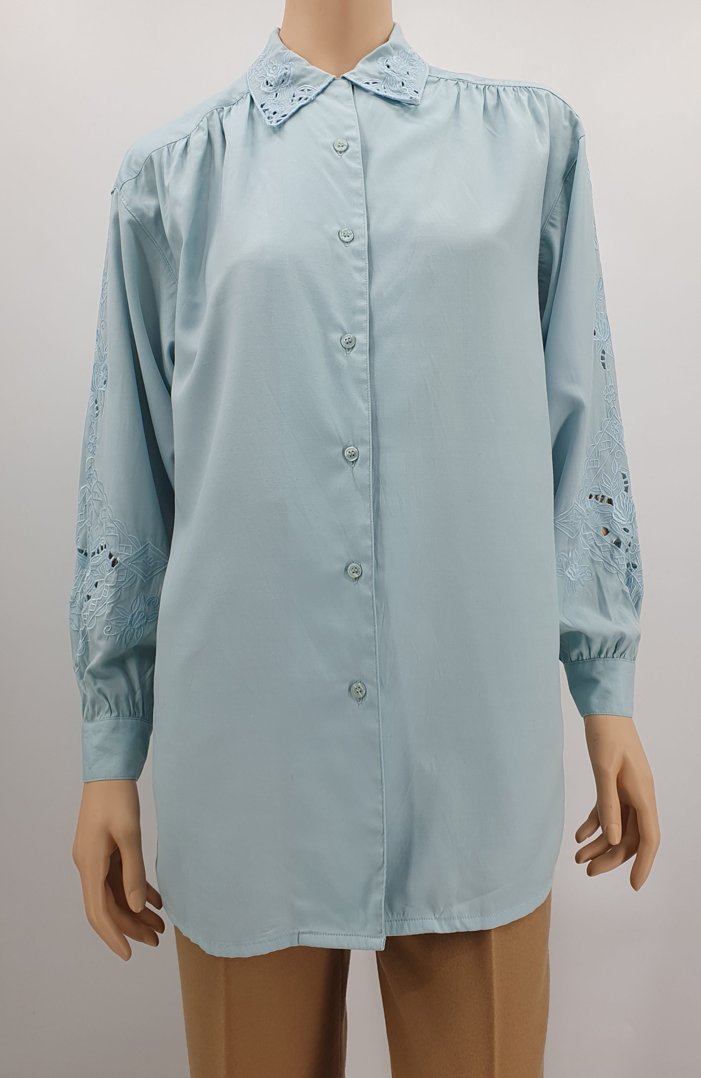 Together, women's blouse from the 90s, light turquoise embroidered, size 40-42