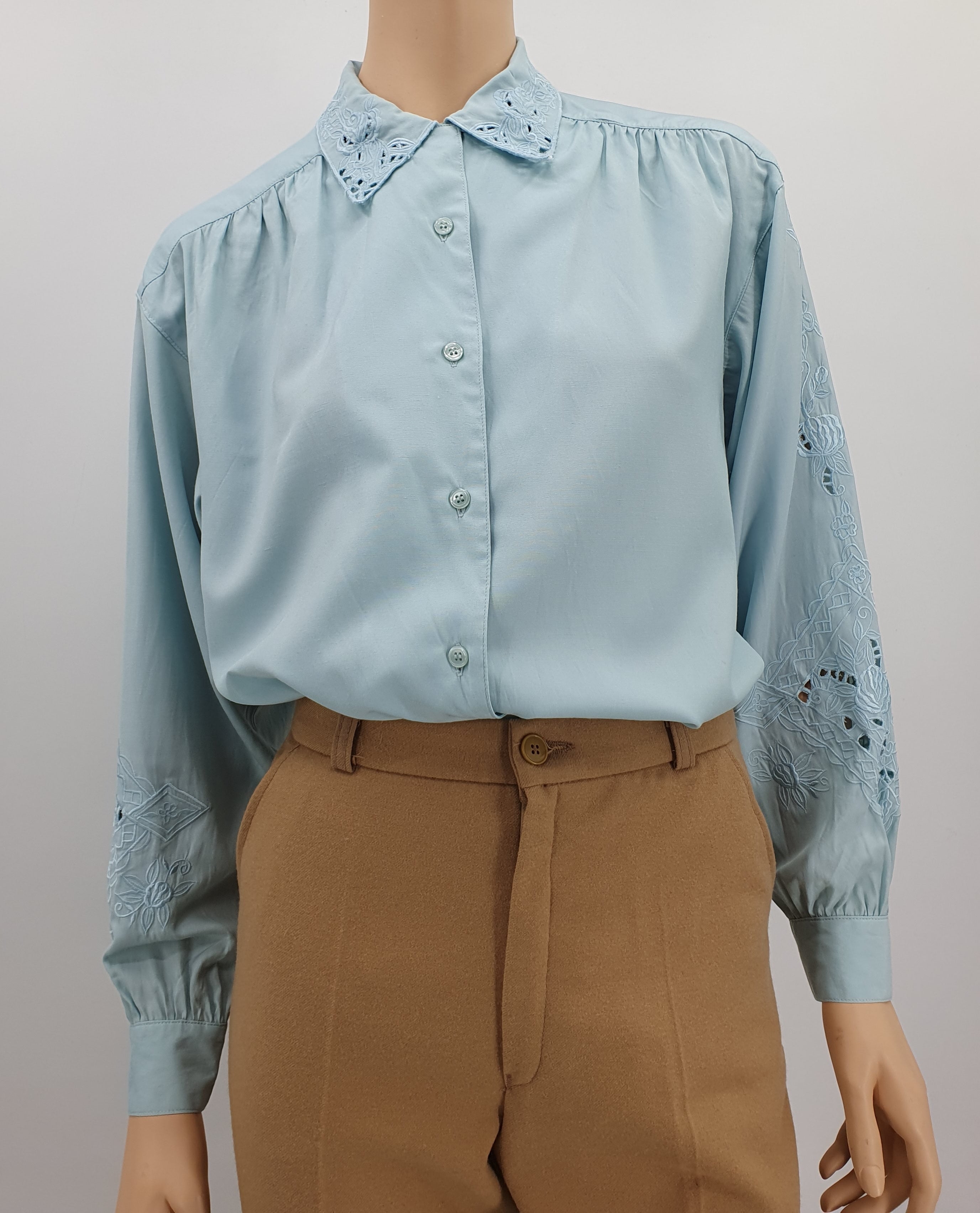 Together, women's blouse from the 90s, light turquoise embroidered, size 40-42