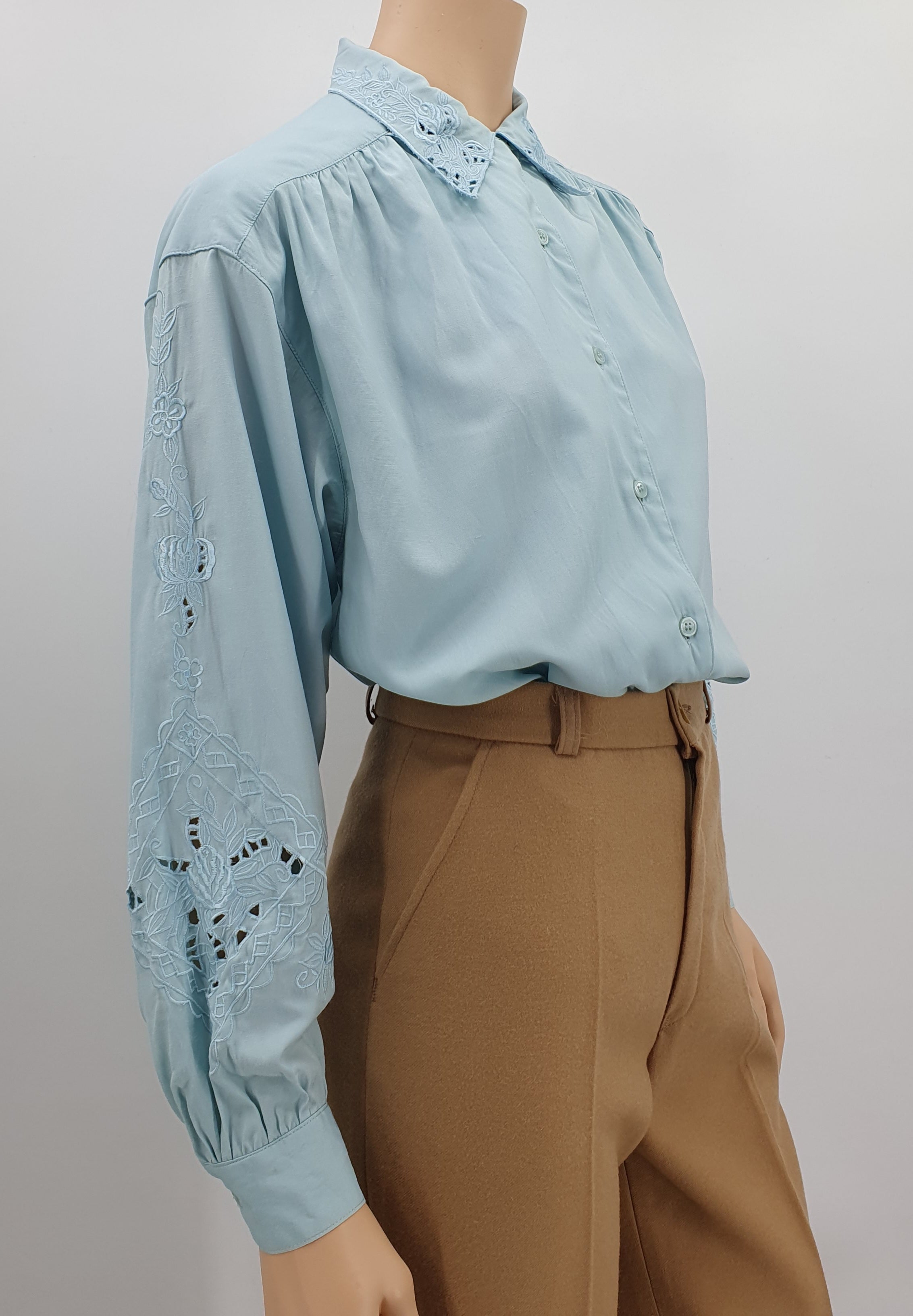 Together, women's blouse from the 90s, light turquoise embroidered, size 40-42