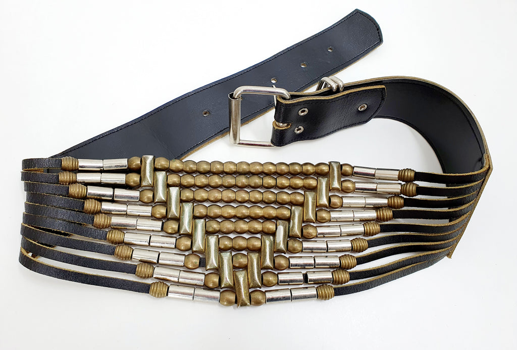 Leather knee belt with metal decorations, 80s, length 61-73cm