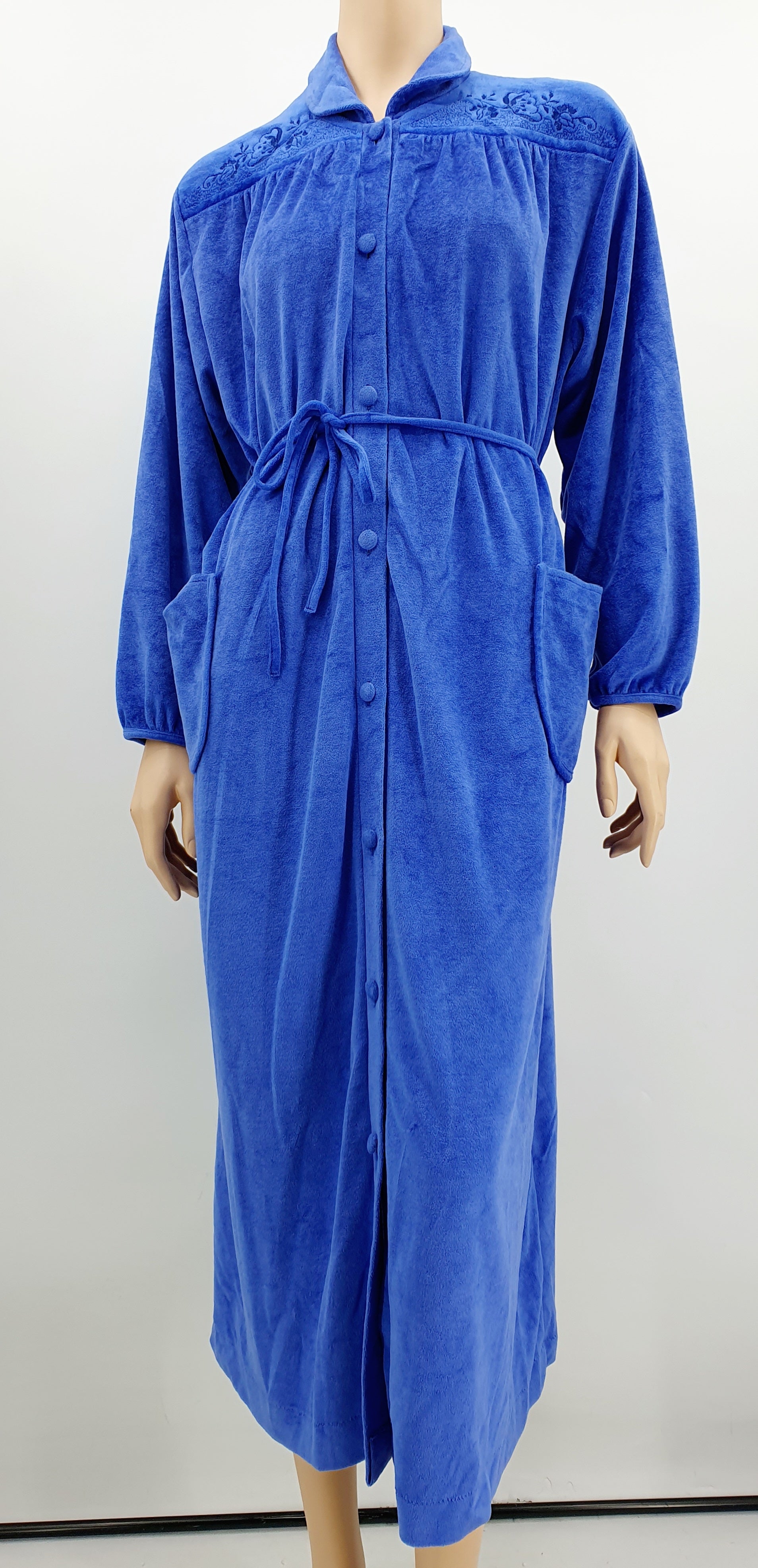 Finnwear sininen joustosamettinen aamutakki, 80-90-luvulta