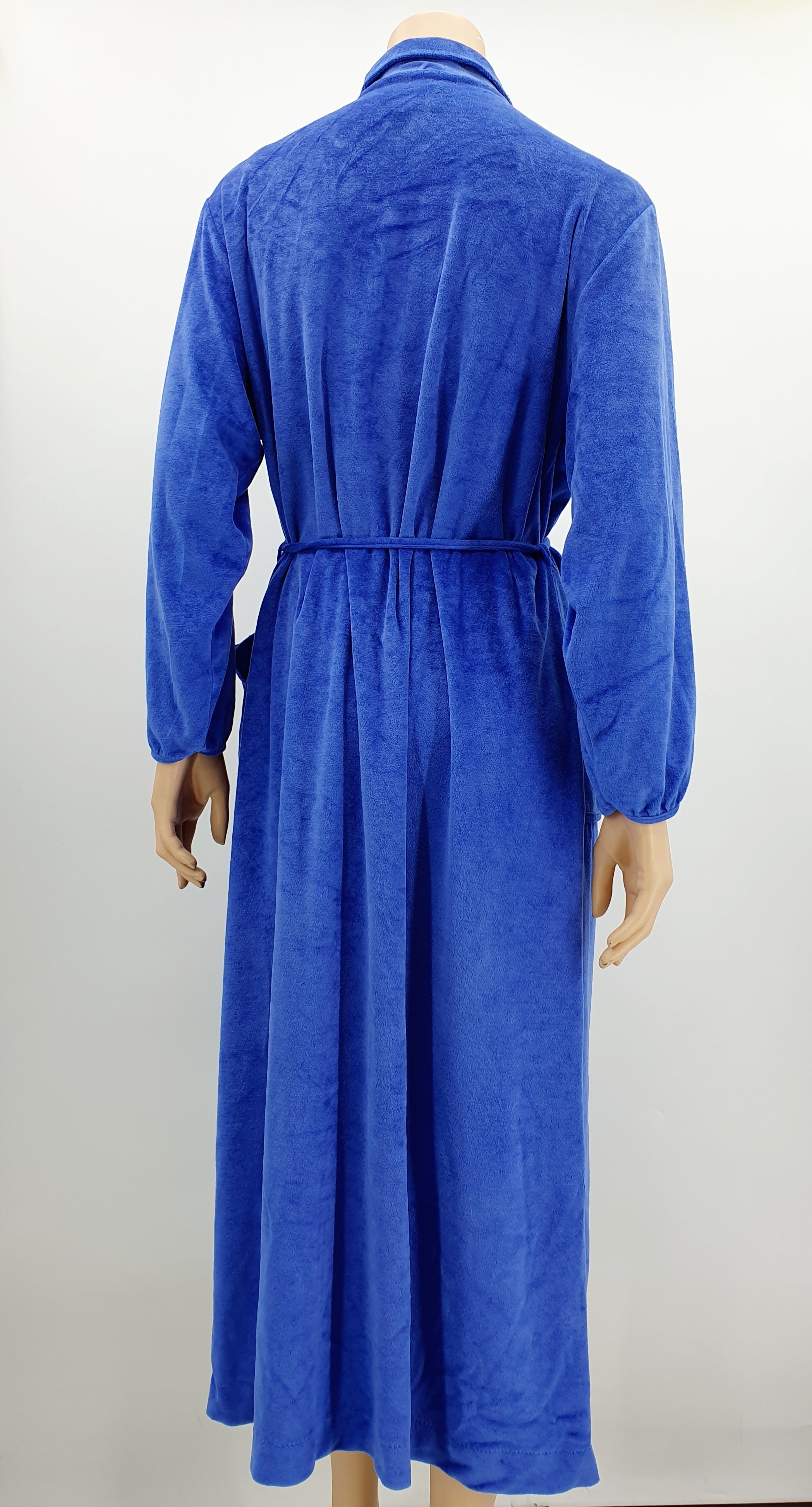 Finnwear, aamutakki 80-90-luvulta, sininen samettikangas, koko 40-42