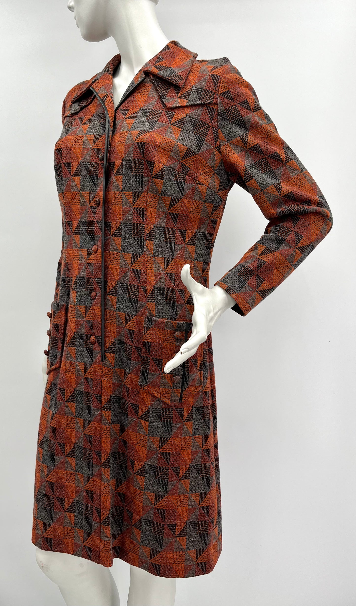 Tammer-Leninki, oranssi-harmaa mekko ja vyö, 60-luku, koko 38-40