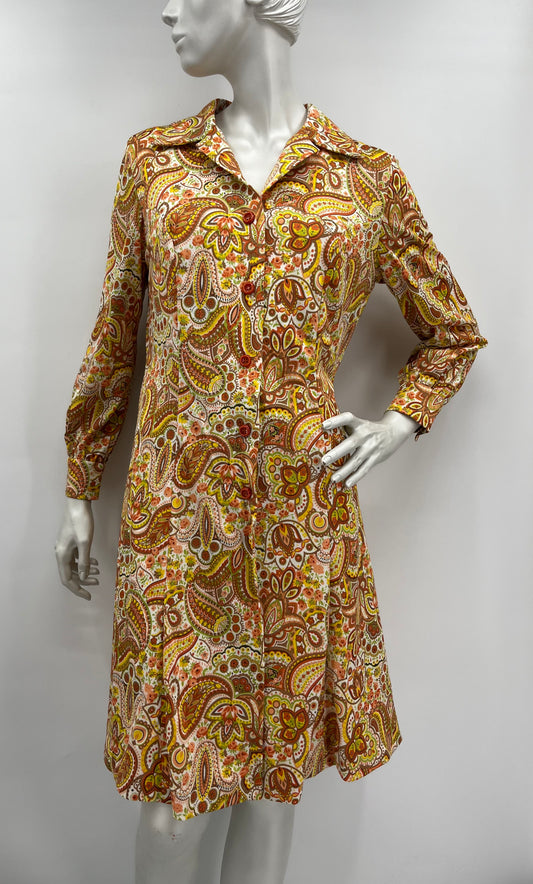Värikäs paisleykuvioinen mekko, 90-luku, koko 38-40