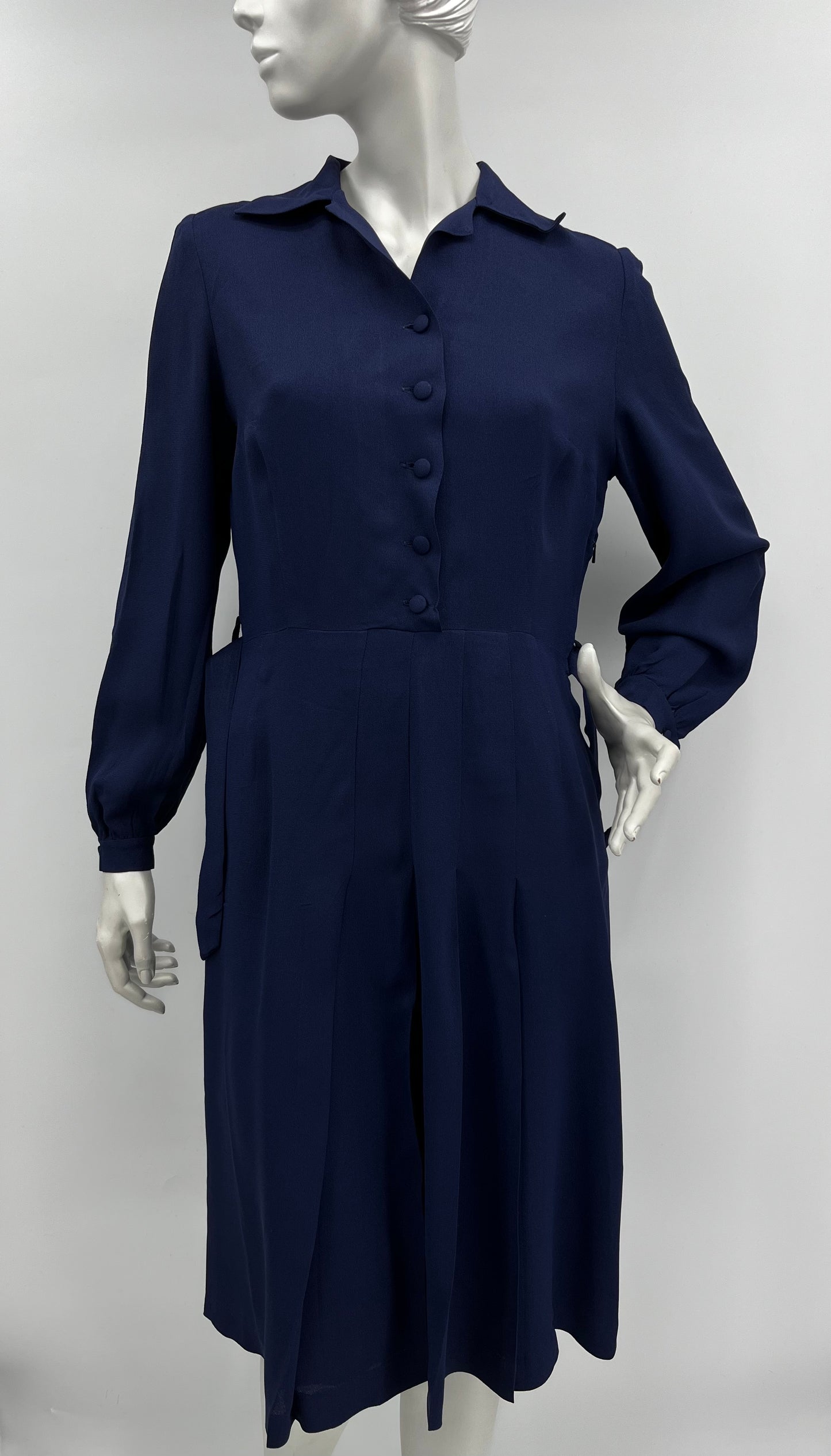 Tummansininen mekko, vyö ja huivi, 80-90-luku, koko 38-40