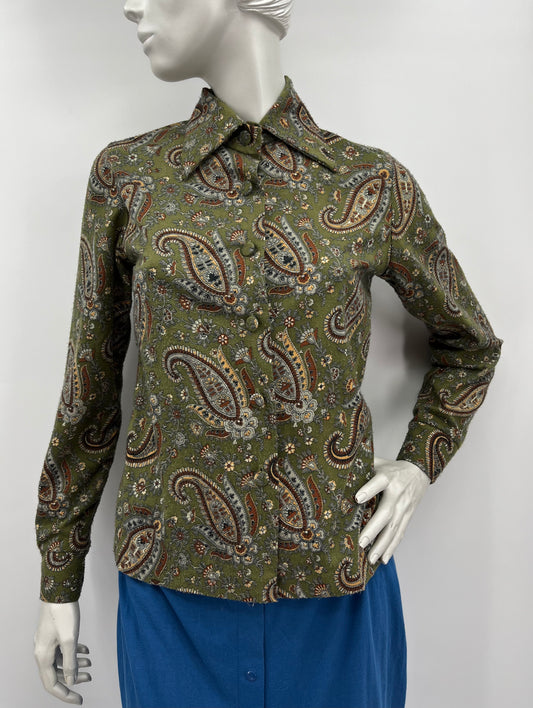 Caron Chicago, paisleykuvioinen paita, 70-luku, koko 36