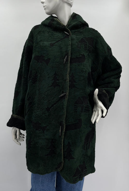 Tummanvihreä pitkä fleecetakki, 90-luku, koko naisten 44-46, miesten XL