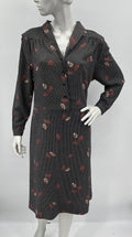 Scantex, black viscose dress with leaf patterns from the 80s, 38-40