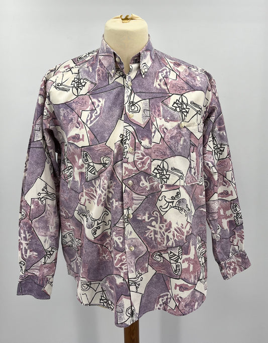 Lilac-white patterned men's cotton shirt from the 90s, size M