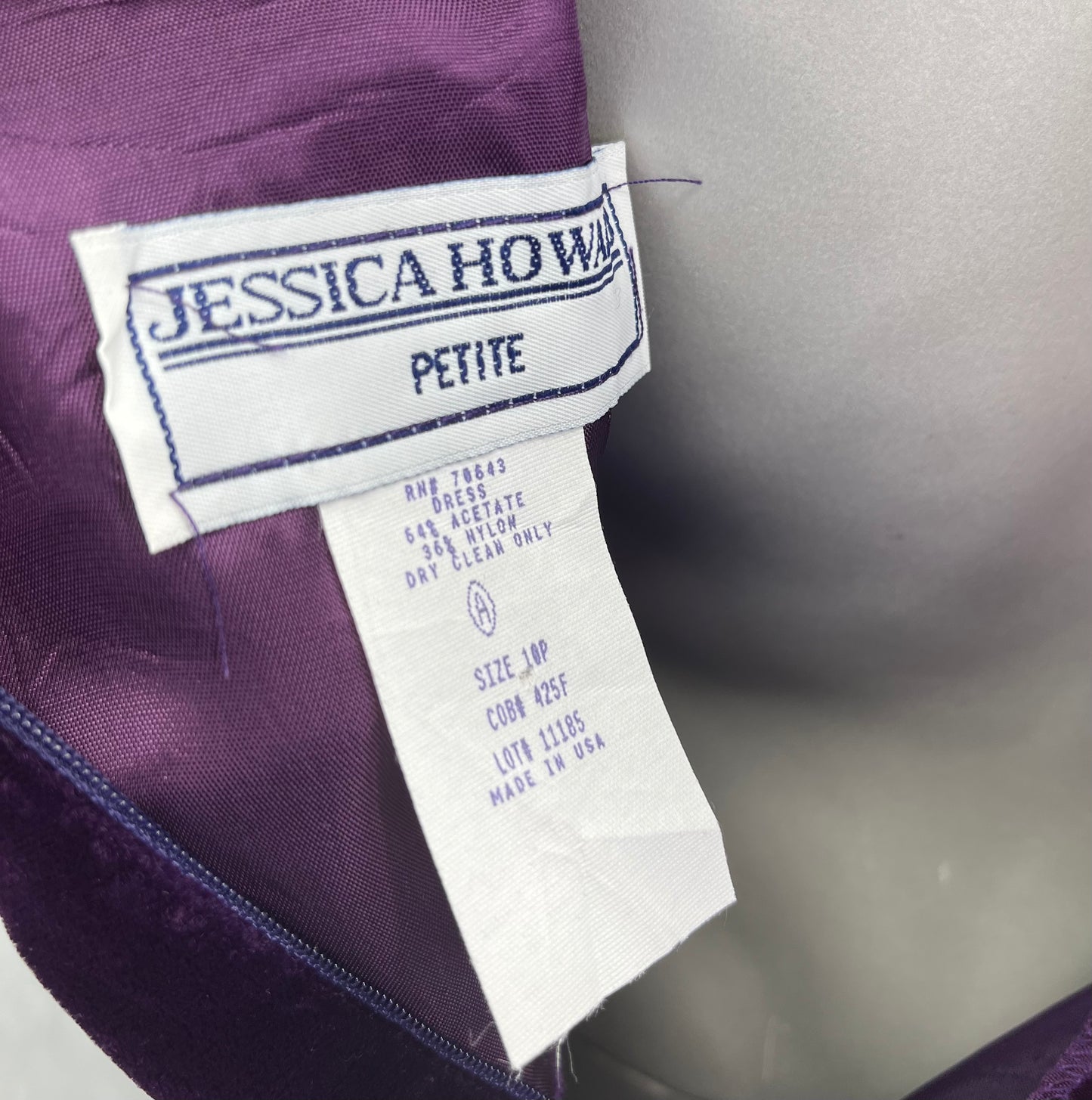 Jessica Howard, violetti sametti juhlamekko, 80-90-luku, koko 36-38