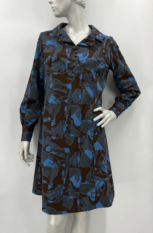 Kuviollinen siniruskea mekko, 70-luku, koko 40