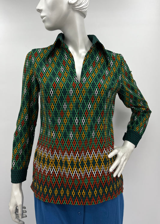 Pirkkos Puku, värikäs kuvioitu paita, 70-luku, koko 38