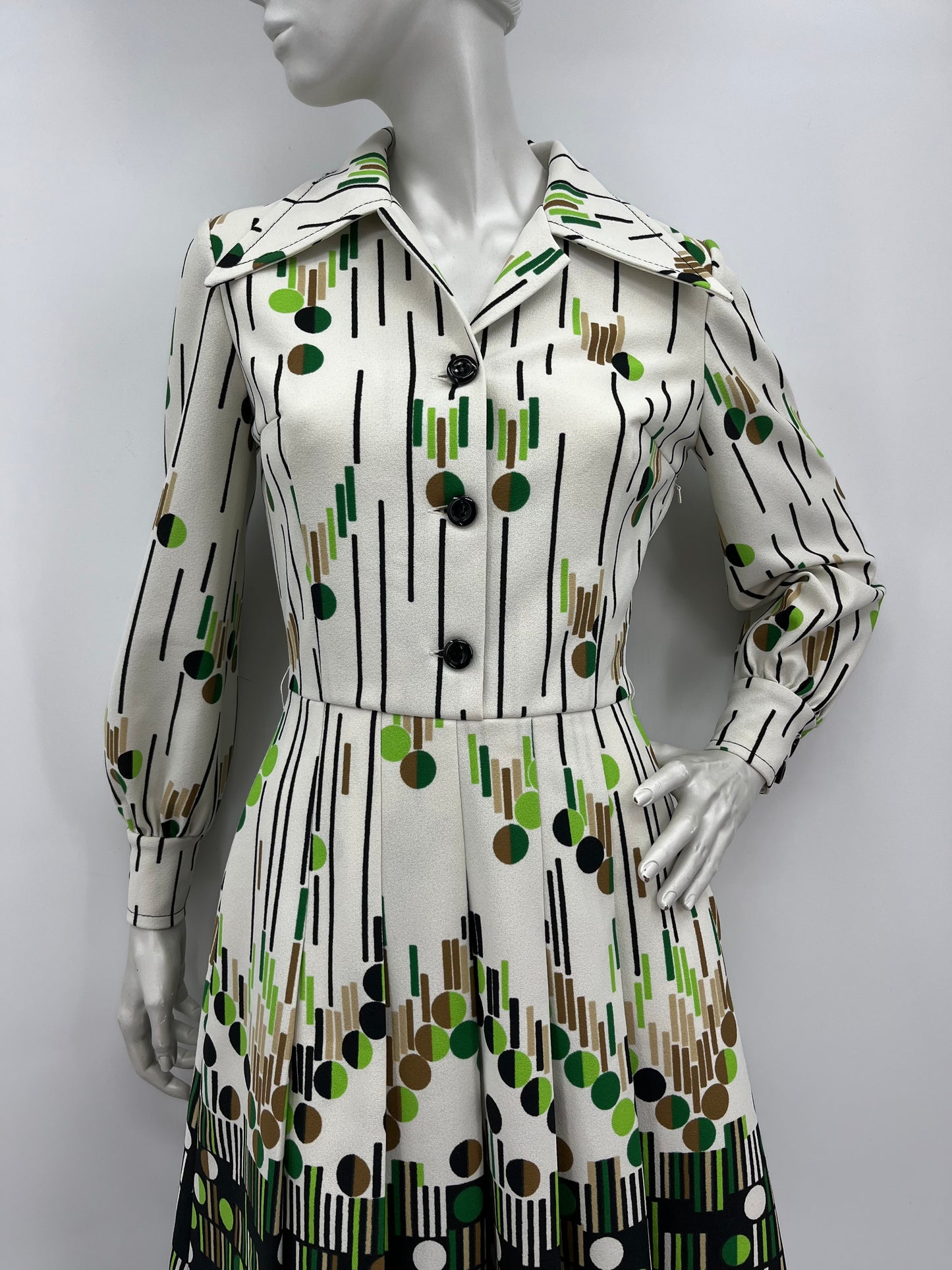 Kerema, valkoinen kuvioitu mekko, 70-luku, koko 36