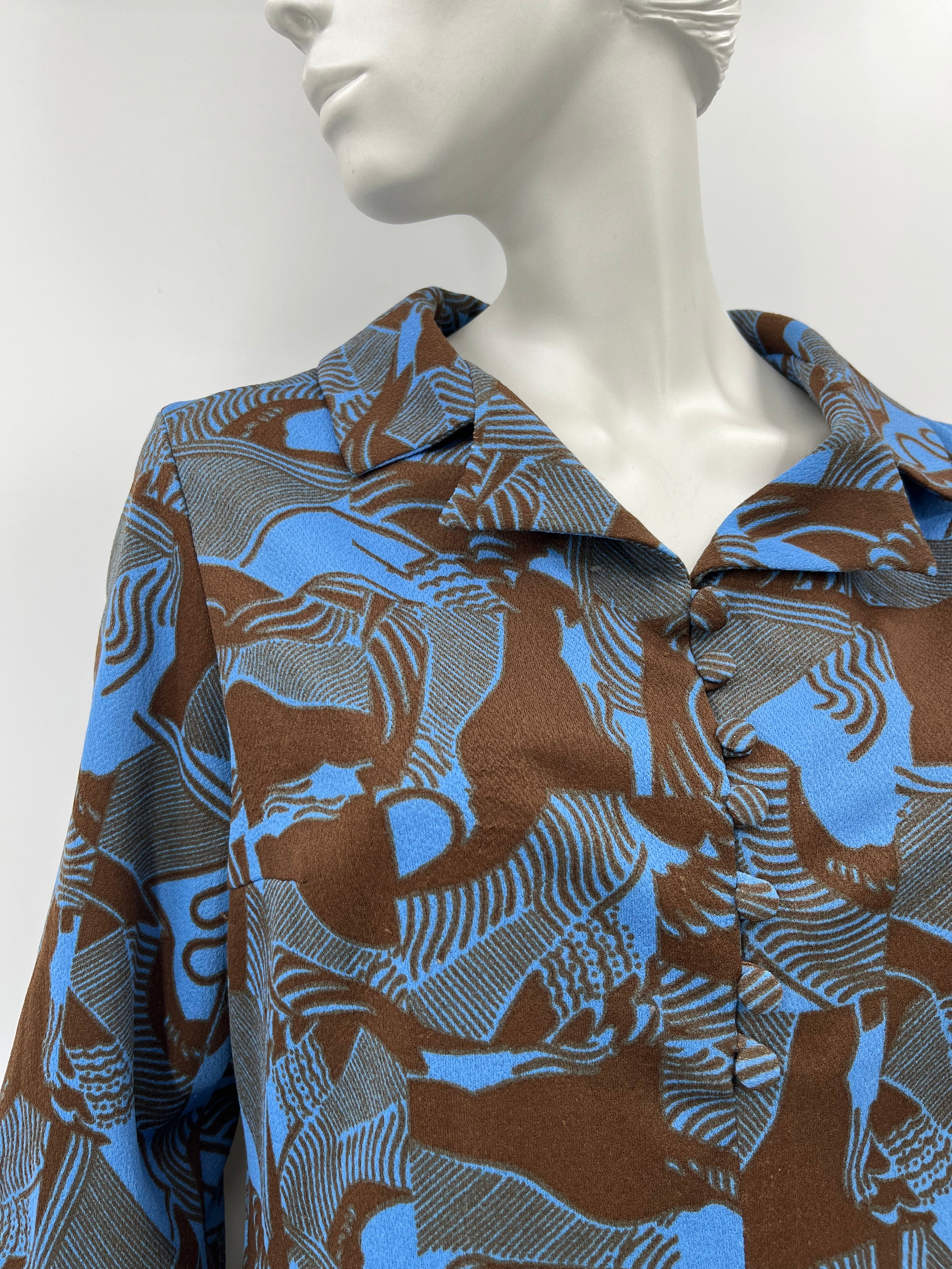 Patterned blue-brown dress from the 70s, size 40