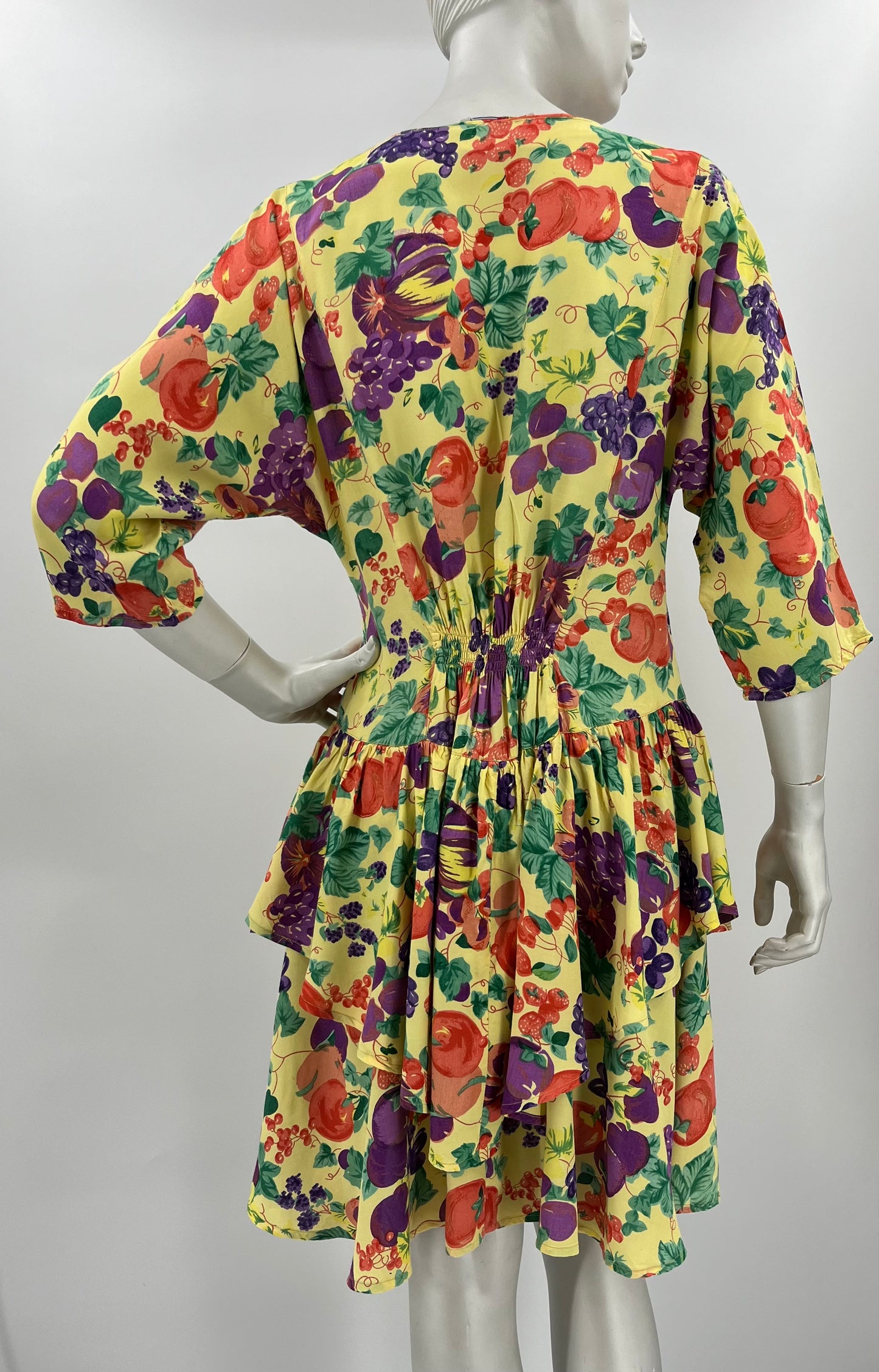 Kosinski, hedelmäkuvioinen mekko, 80-luku, koko 38