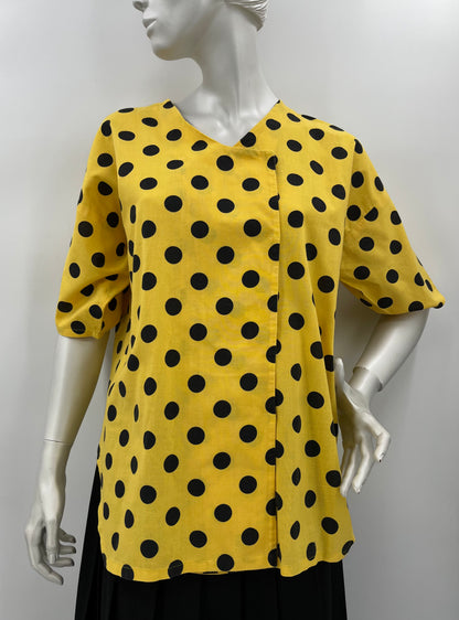 Yellow cotton shirt with ball patterns, 80s-90s, size 40