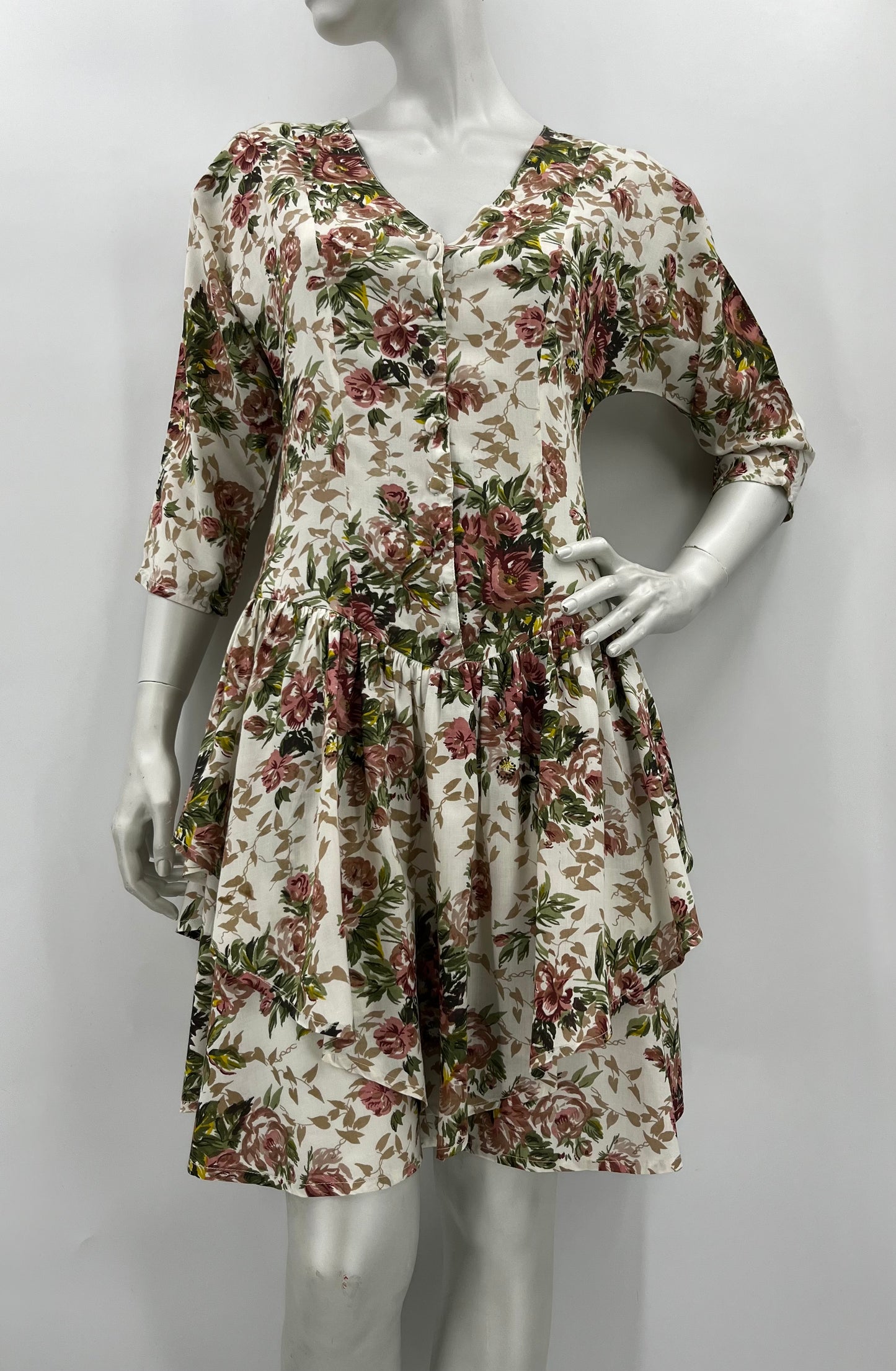 Valkoinen ruusukuvioinen mekko, 80-luku, koko 36