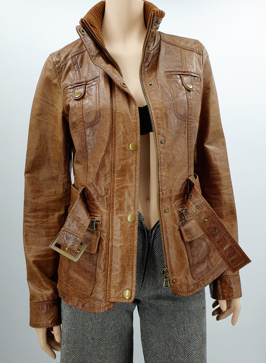 Vennger, women's short Y2K leather jacket, color brown, size 34-36