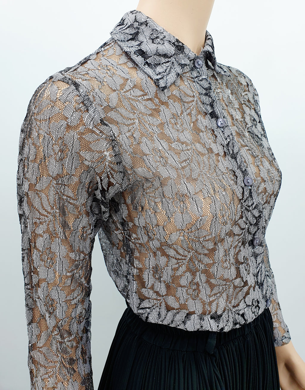 Mona Wear, silver-gray lace shirt, 80s-90s, size 36
