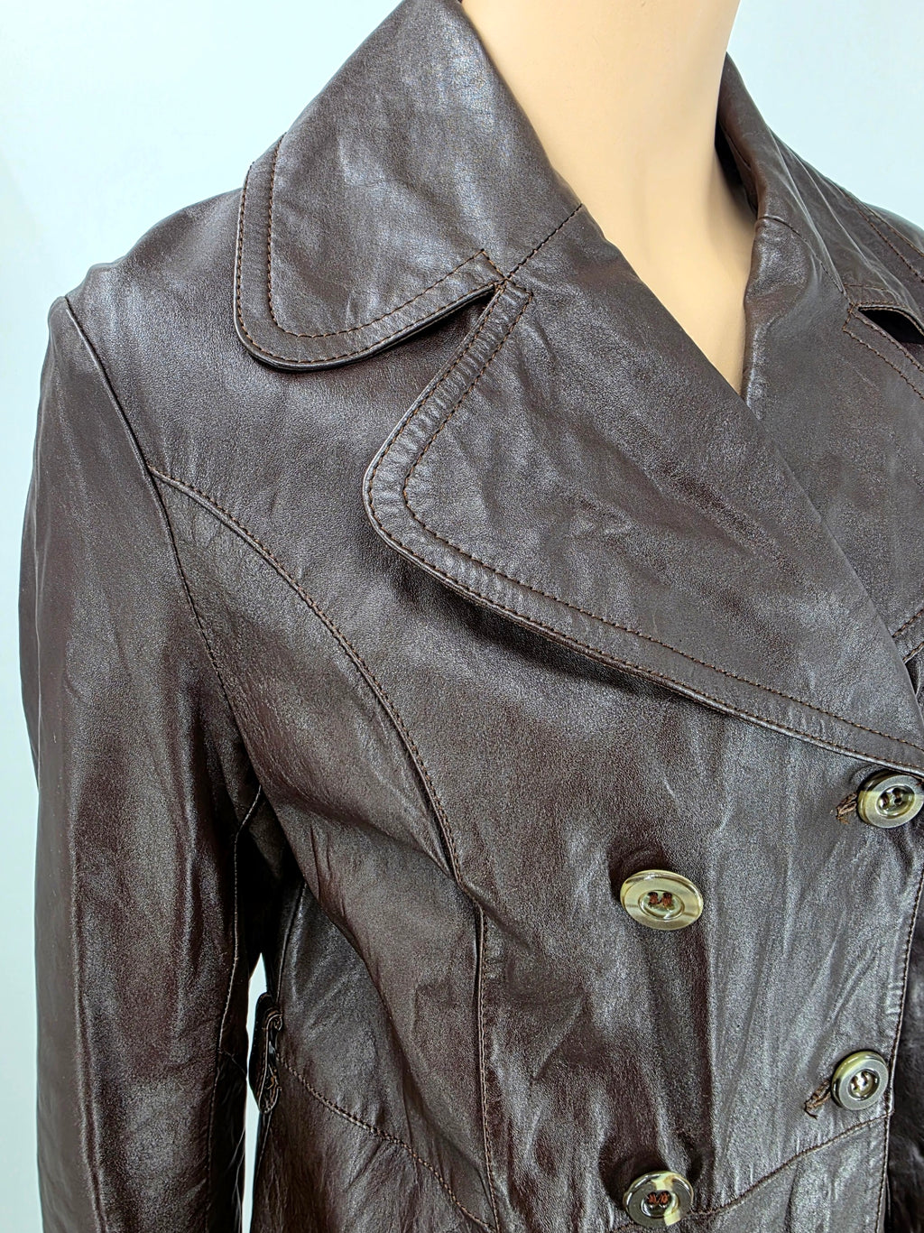 Finn Fant, dark brown long leather jacket from the 70s, size 36-38