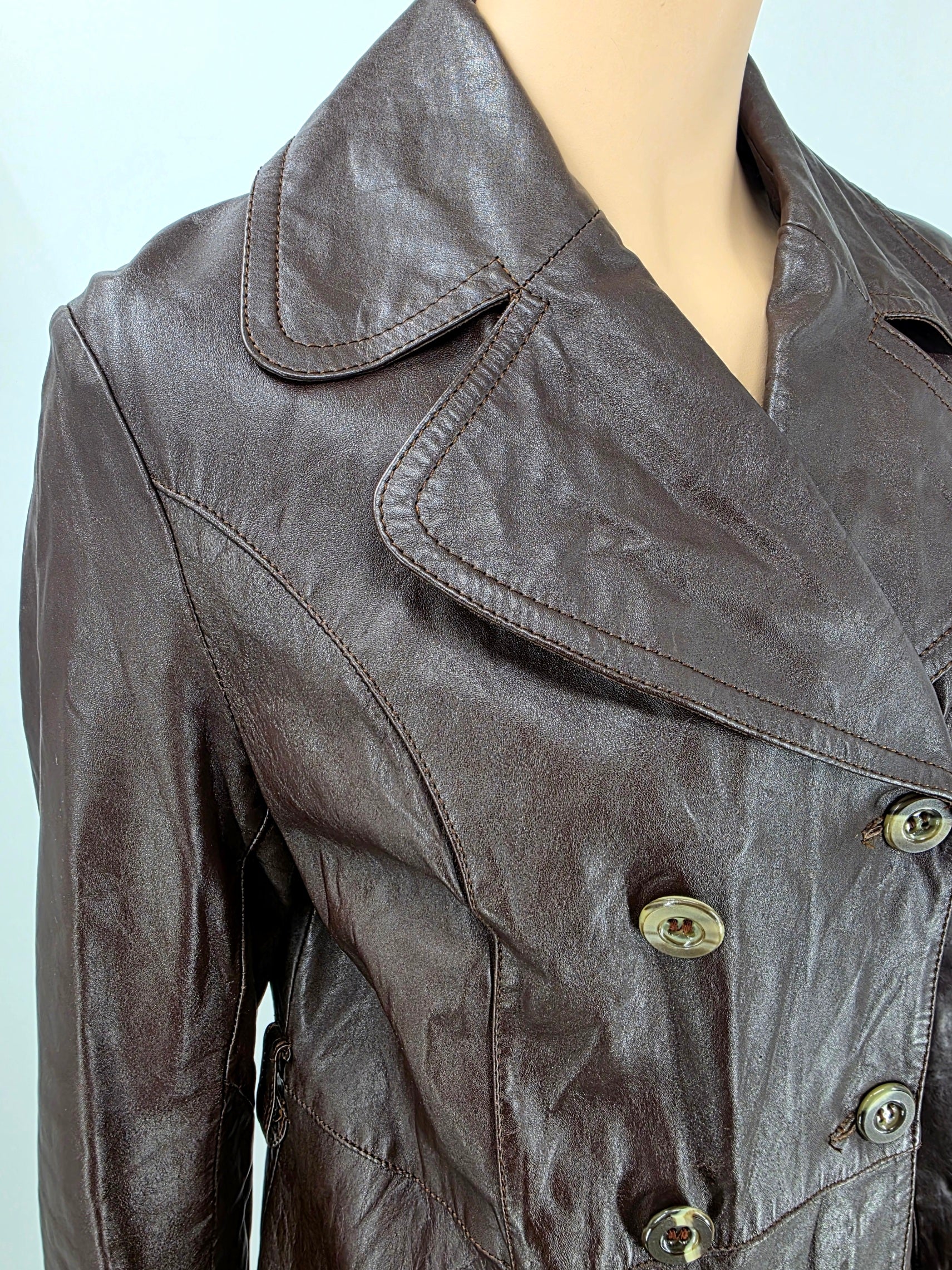 Finn Fant, dark brown long leather jacket from the 70s, size 36-38