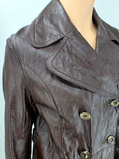 Finn Fant, dark brown long leather jacket from the 70s, size 36-38