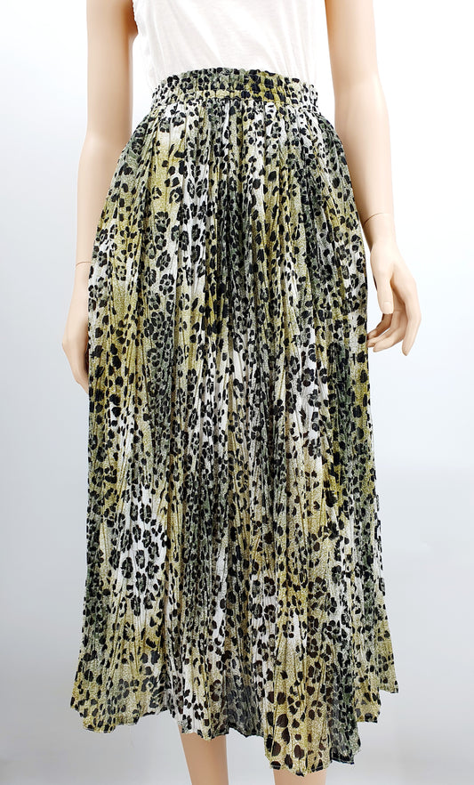 Green leopard print pleated skirt from the 90s, waist 75-90cm, size 38-40