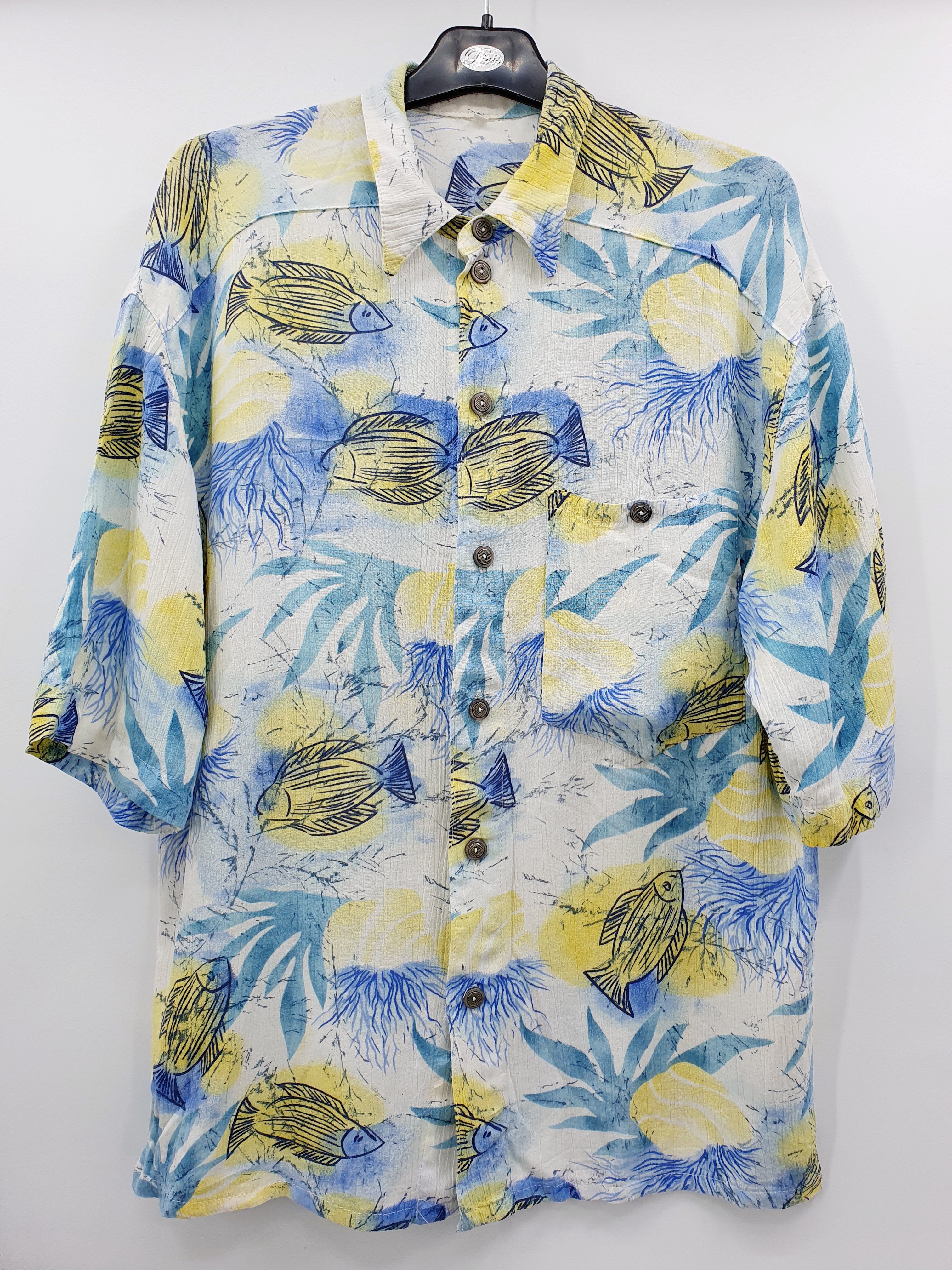 Fish-themed men's summer shirt from the 80s-90s, size ML