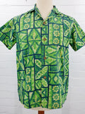 Ui-Maikai, aito miesten vintage hawaii-paita 1960-luvulta, vihreän sävyinen graafinen kuviointi
