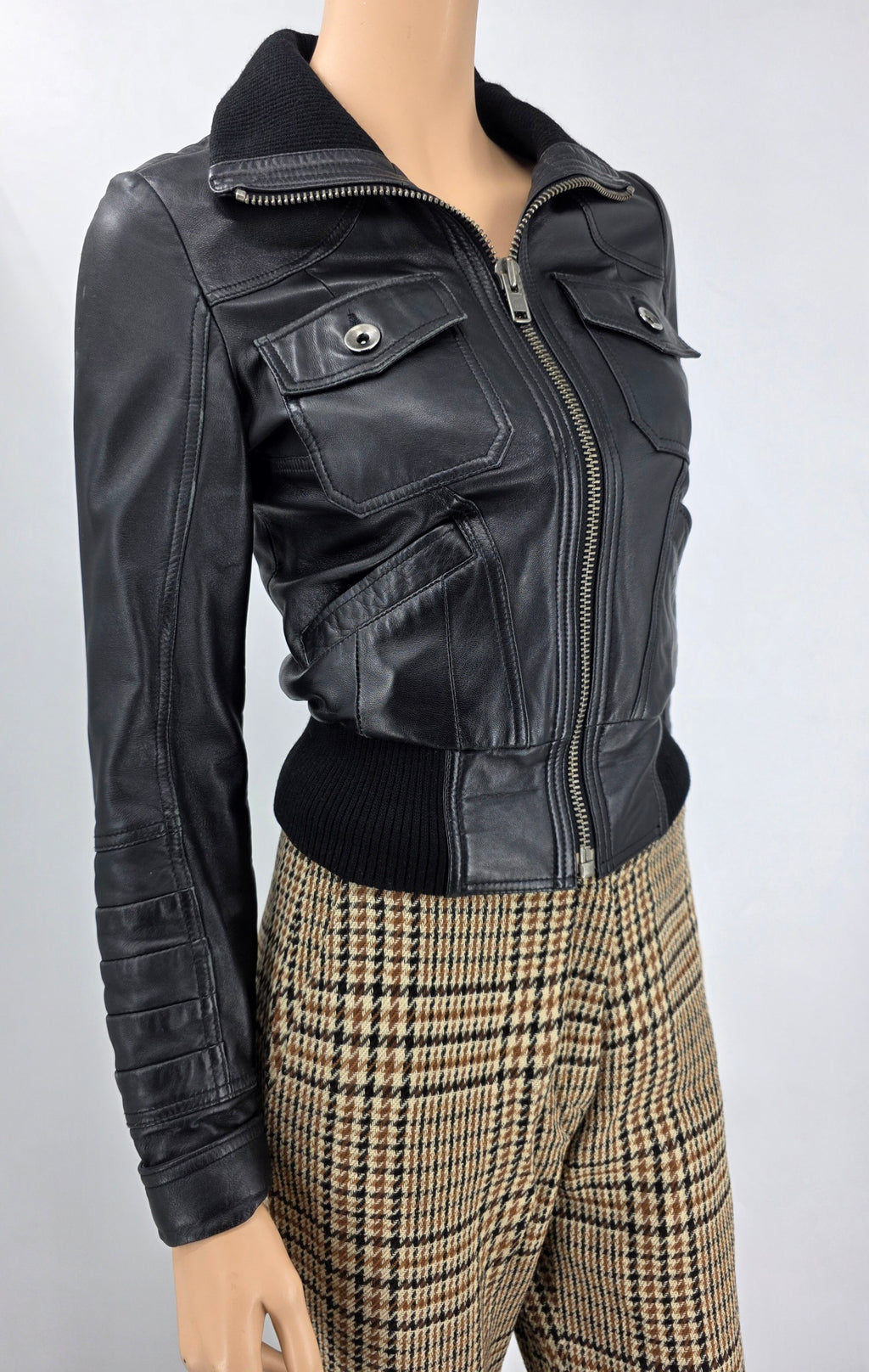 Bruno Zaragoza, Y2K Italian black leather jacket, size 34-36