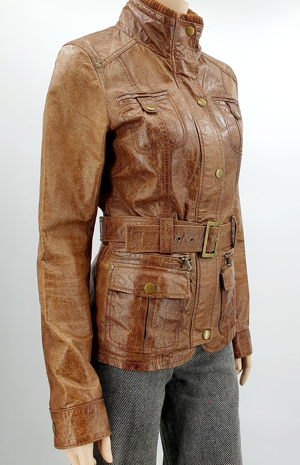 Vennger, women's short Y2K leather jacket, color brown, size 34-36