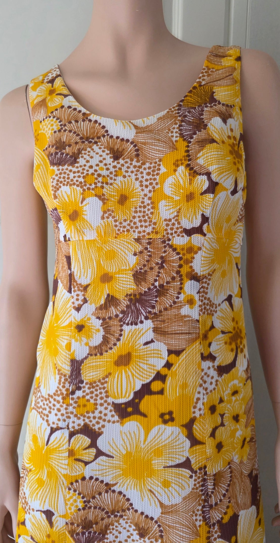 Yellow floral maxi vest dress from the 60s-70s, size 34-36