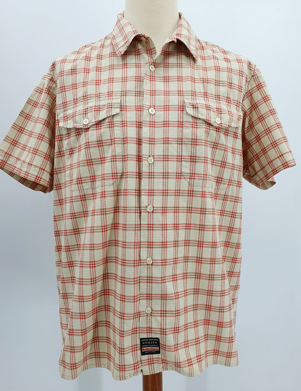 Marlboro Classics, miesten secondhand ruutupaita, beige-punainen, lyhythihainen