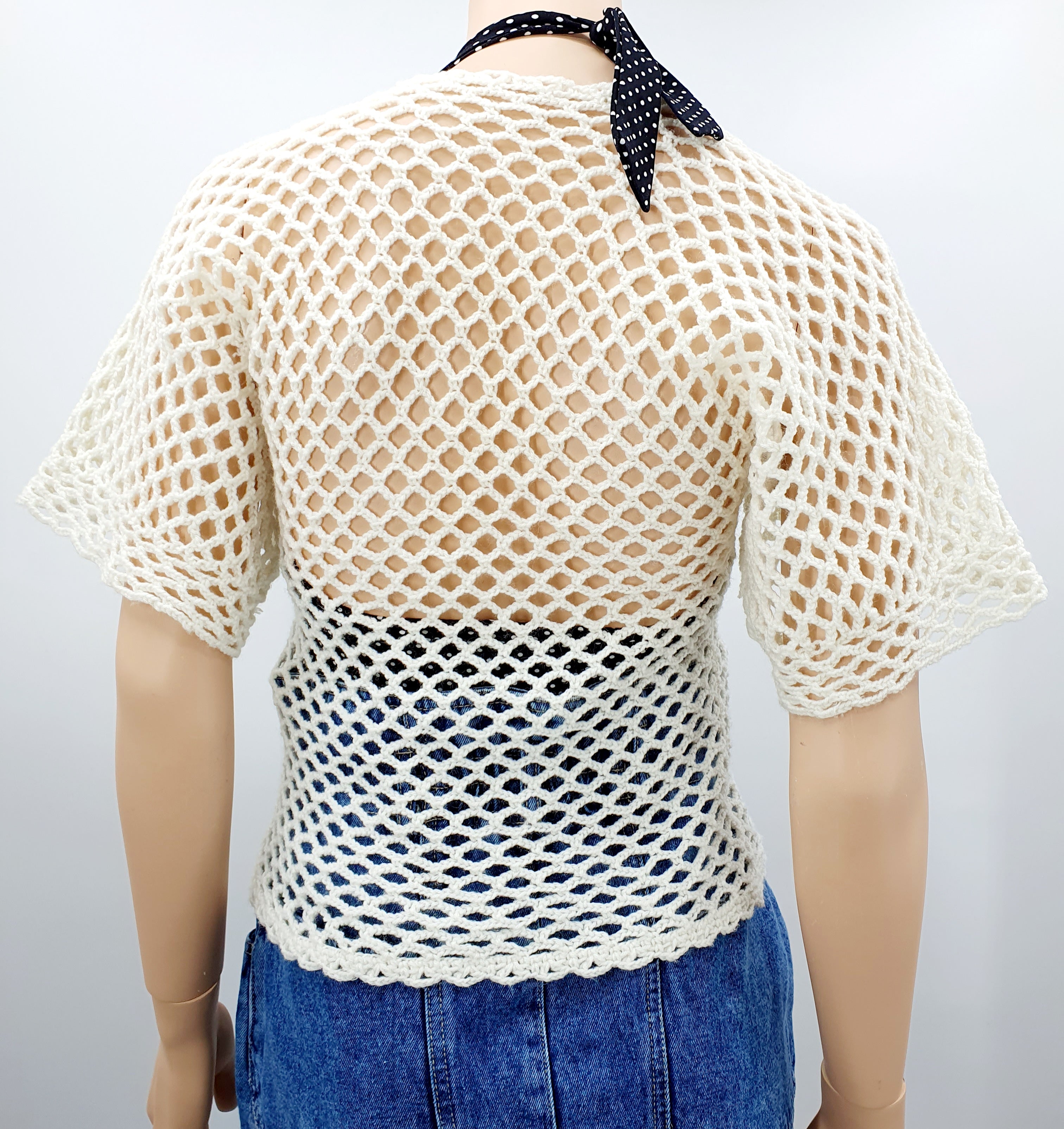 White crocheted sweater with mesh pattern, size 36