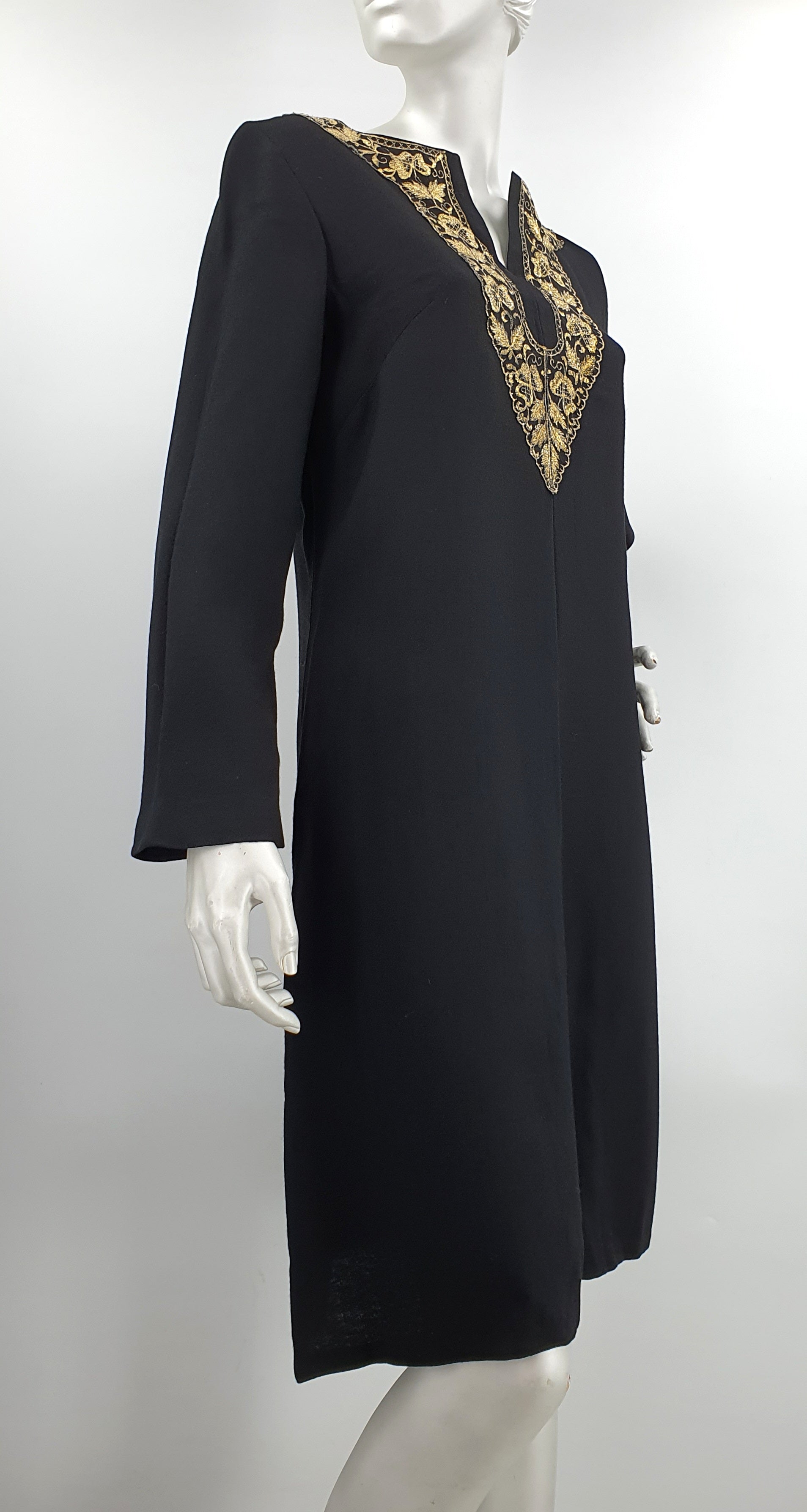Martinette, black party dress with gold embroidery, 60s-70s, size 36/38