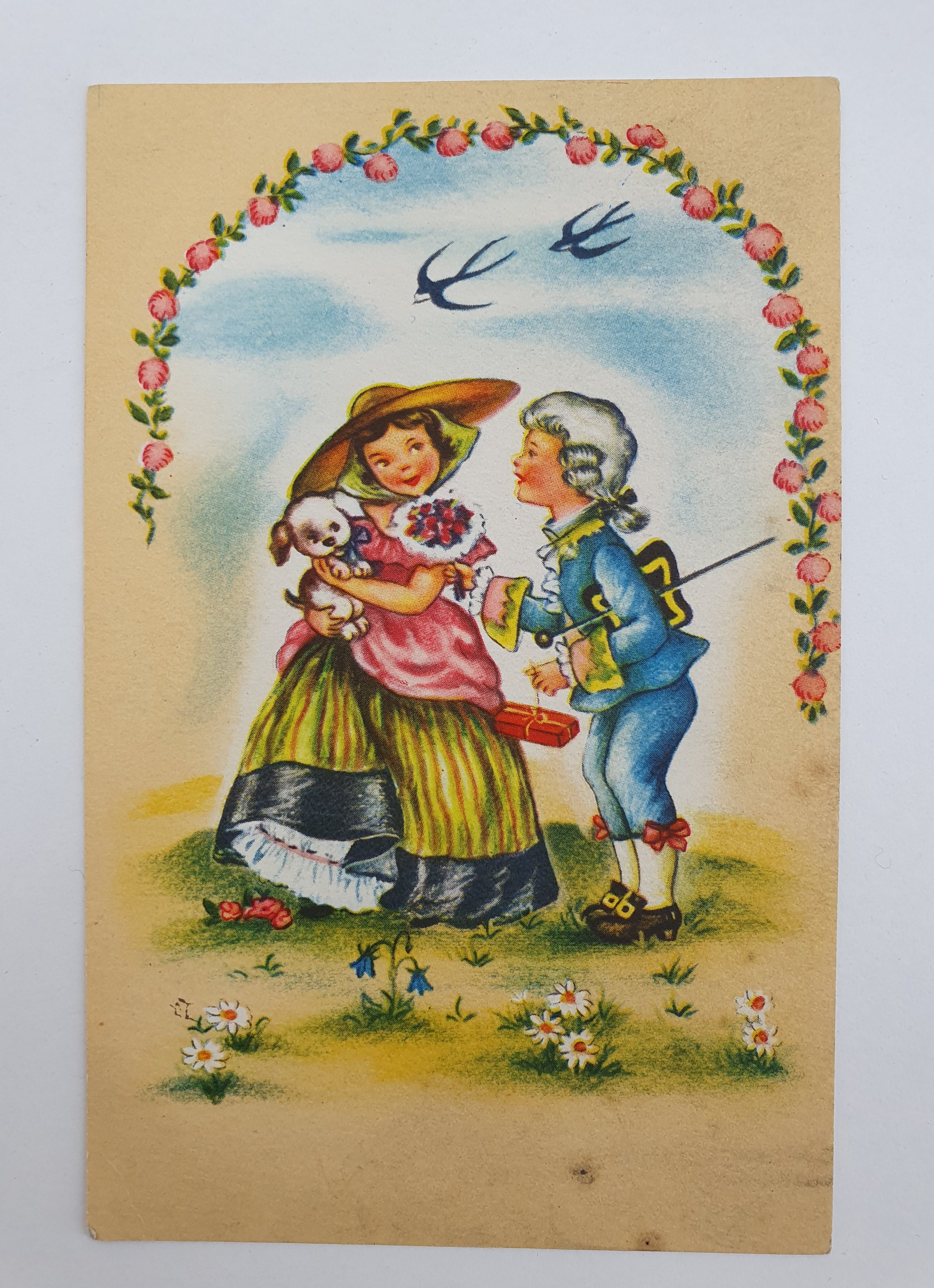 Unused postcard from the 50s, girl and boy, four different ones