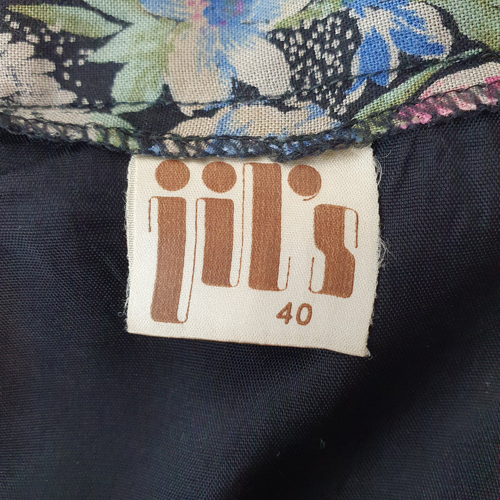 Jil's, black floral patterned skirt from the 80s, waist 70cm, size 36/38