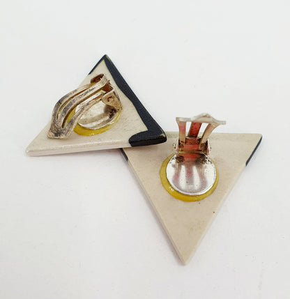 Clip earrings, painted porcelain triangle