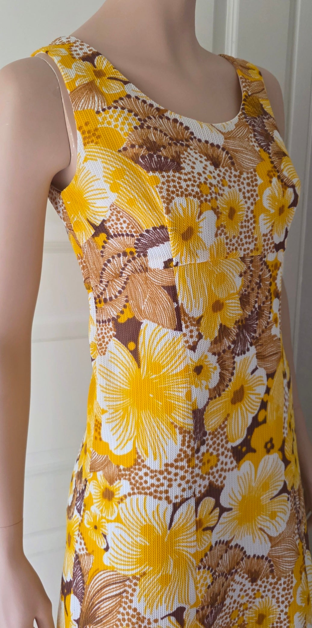 Yellow floral maxi vest dress from the 60s-70s, size 34-36