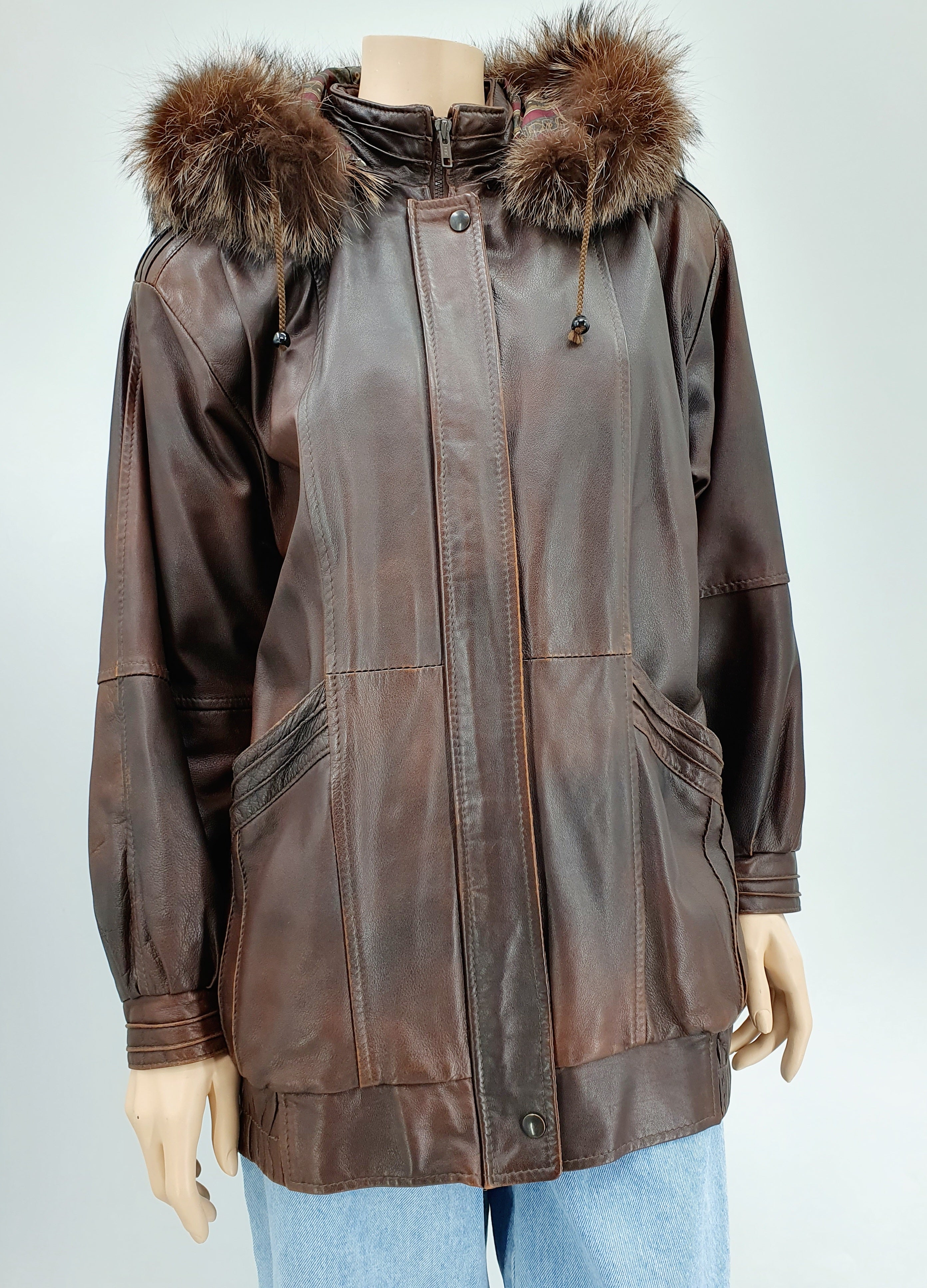 Tummanruskea hupullinen nahkatakki 80-luvulta